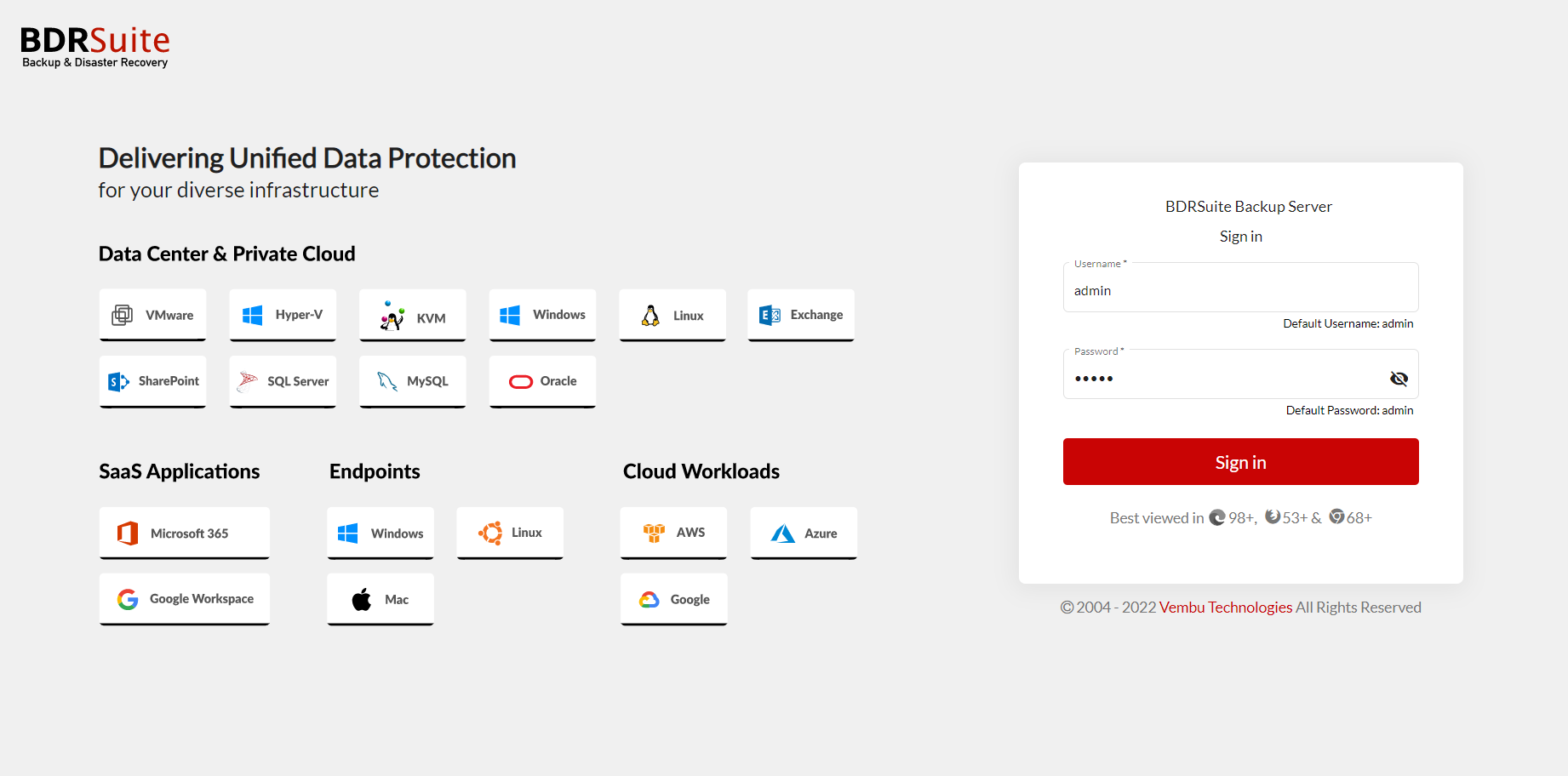 Diagram of Vembu BDRSuite architecture protecting various data sources
